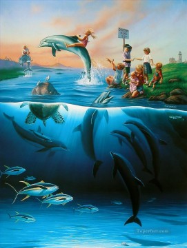 Fish Aquarium Painting - JW Dolphin Rides ocean